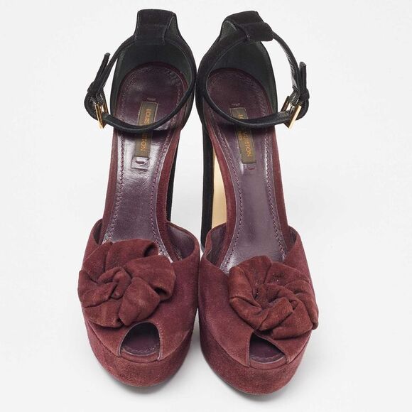Louis Vuitton Burgundy/Black Suede Flower Peep Toe Platform Ankle Strap Sandals - Picture 3 of 4
